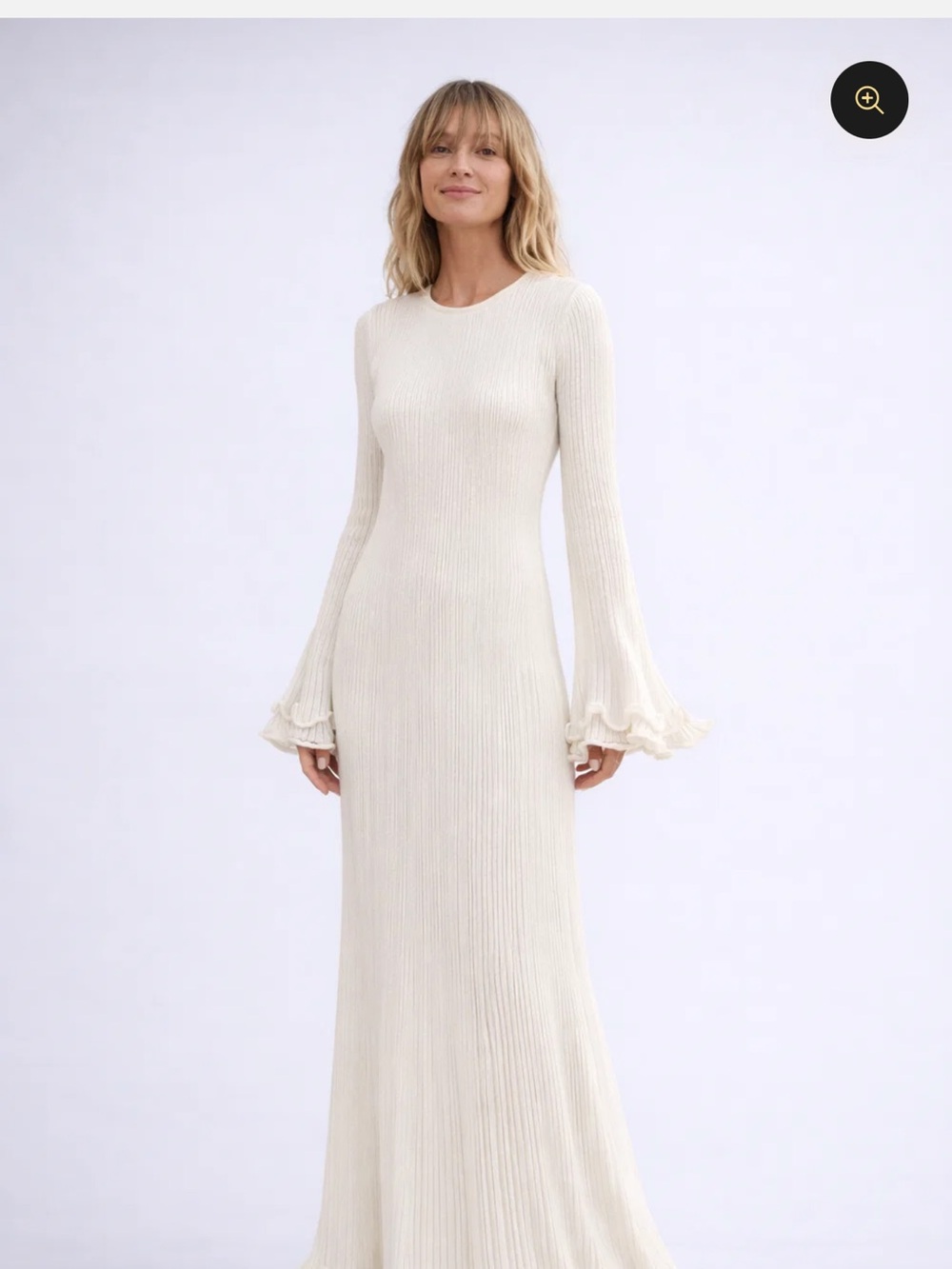 Cream Ribbed Maxi Dress with Flared Ruffle Sleeves